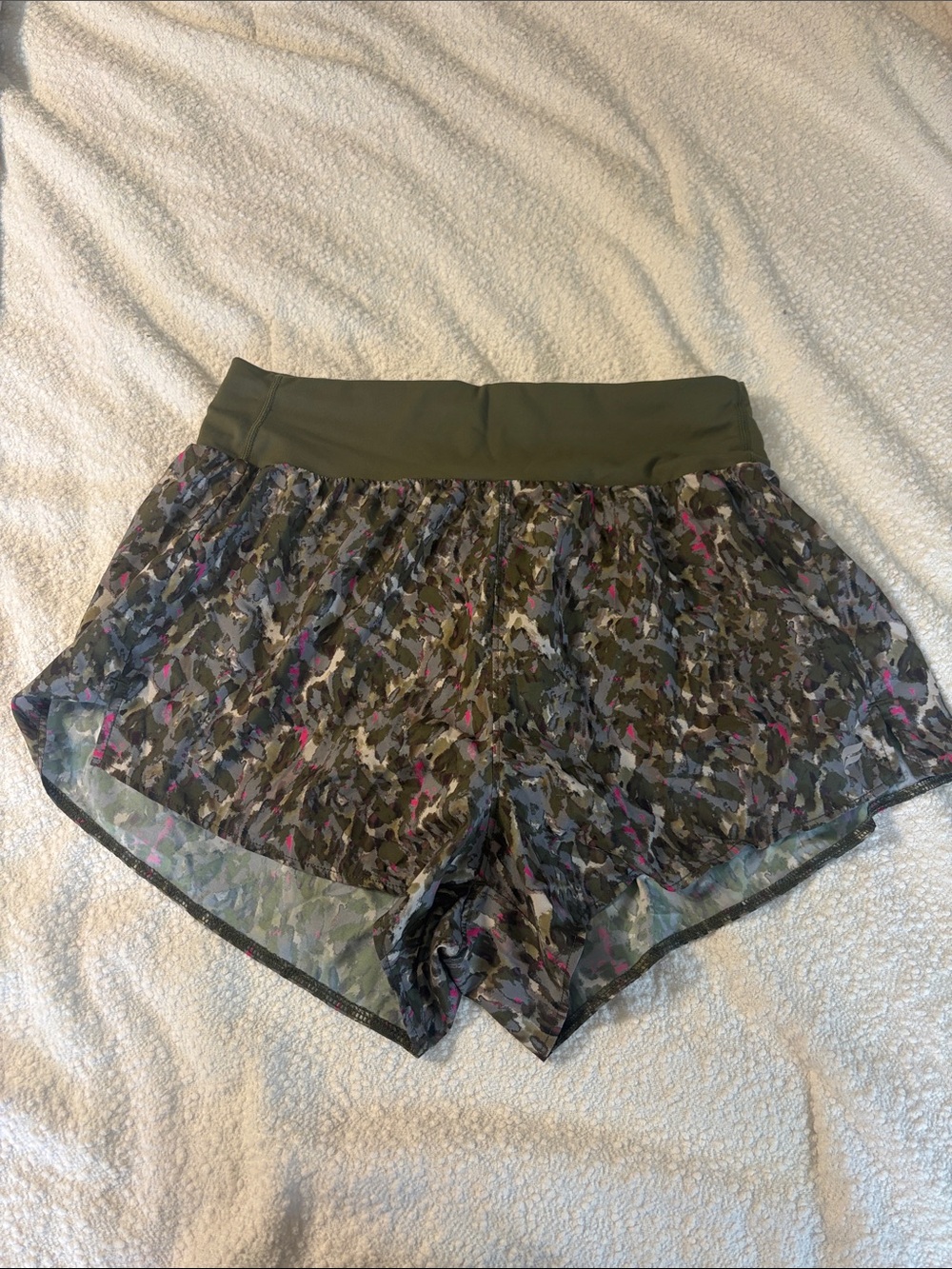 Fabletics Olive Green & Gray Camo Athletic Shorts with Pink Accents